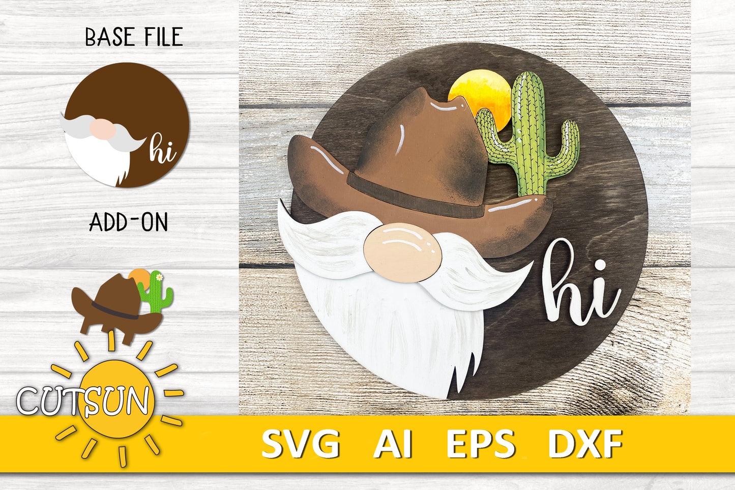 Cowboy Gnome Door Hanger SVG | Interchangeable Welcome Sign Laser Cut File | Western Cactus Gnome SVG