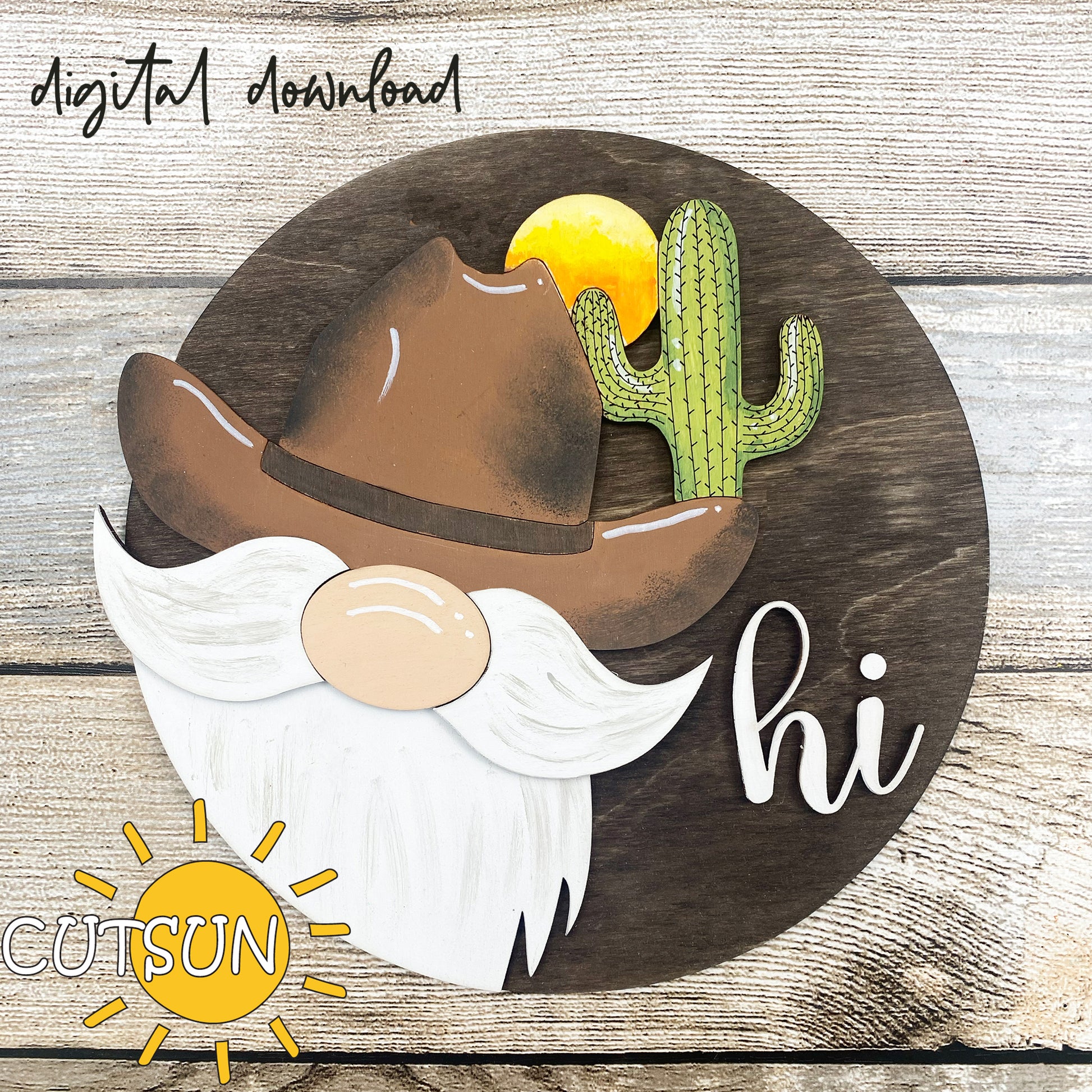 A digital download illustration of a round gnome door hanger with a cowboy hat, cactus, and sun in the background. The text 'DIGITAL DOWNLOAD' and 'HI' are visible on the image.