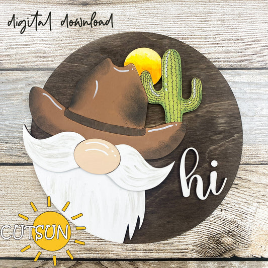 A digital download illustration of a round gnome door hanger with a cowboy hat, cactus, and sun in the background. The text 'DIGITAL DOWNLOAD' and 'HI' are visible on the image.