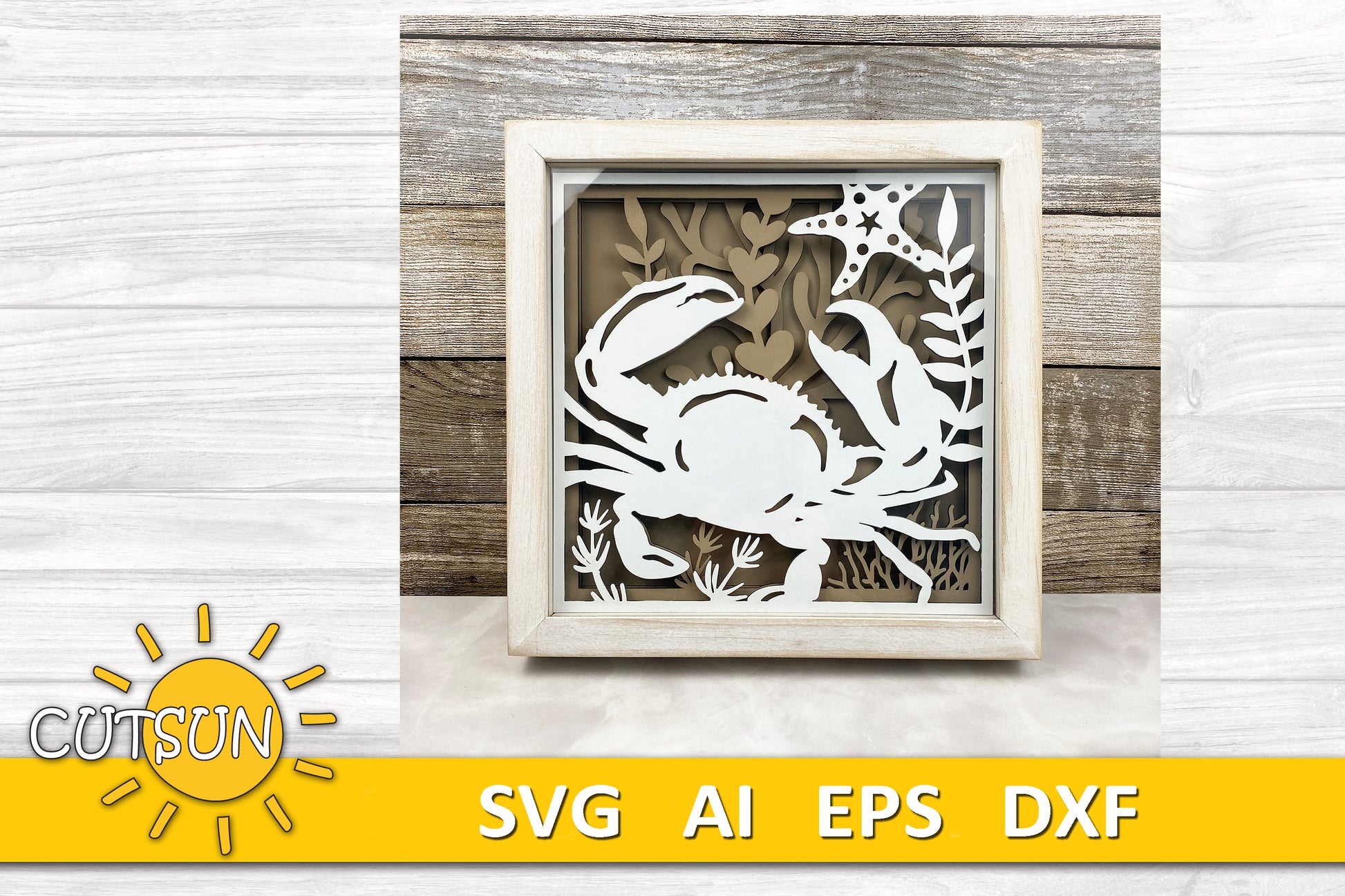 Layered crab shadow box SVG with ocean plants and starfish – sea-themed laser cut file for Glowforge and xTool