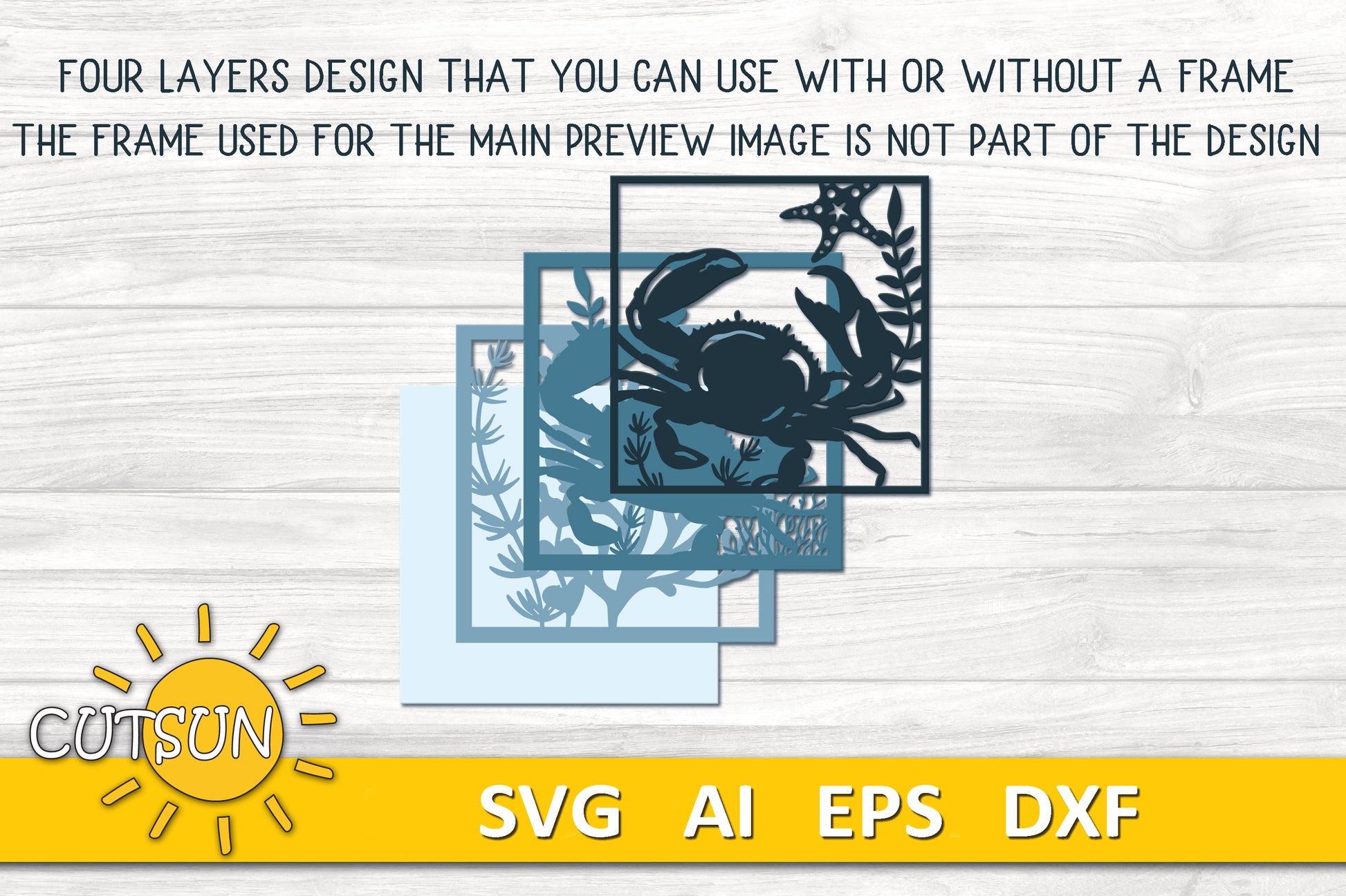 Layered crab shadow box SVG with ocean plants and starfish – sea-themed laser cut file for Glowforge and xTool