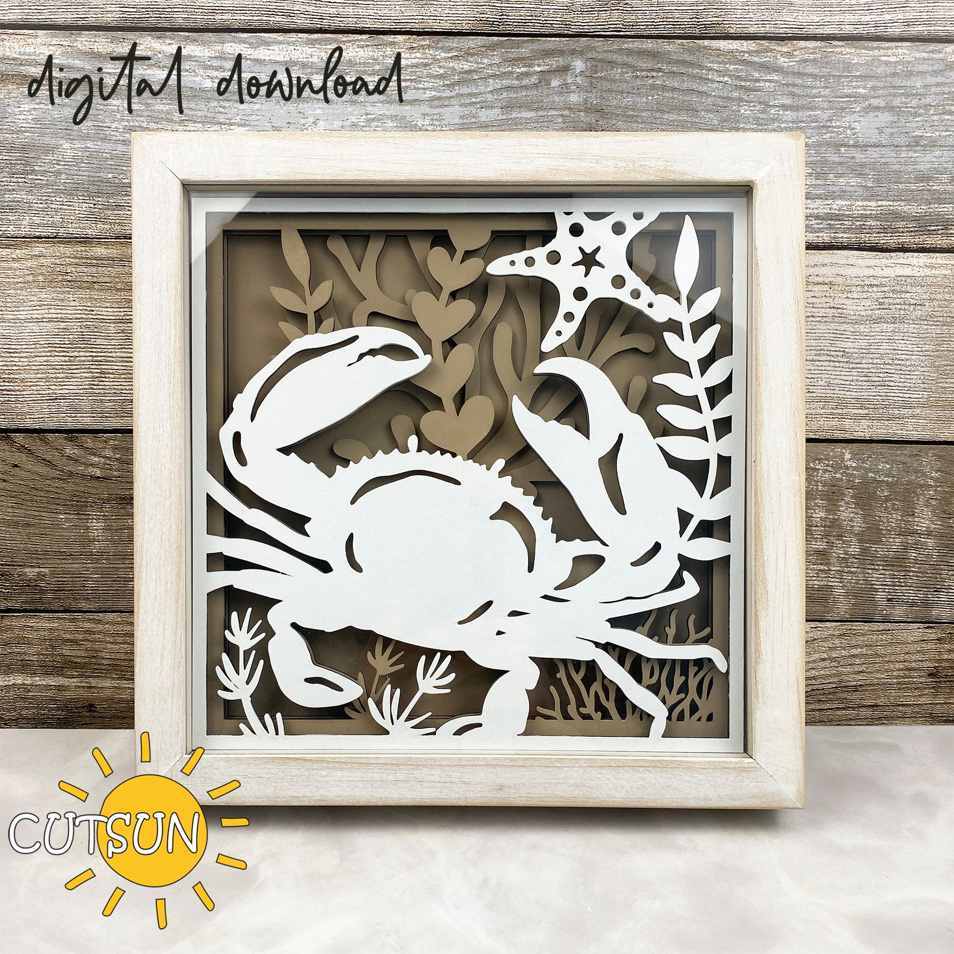 Layered crab shadow box SVG with ocean plants and starfish – sea-themed laser cut file for Glowforge and xTool
