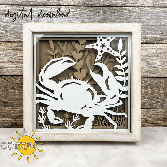 Layered crab shadow box SVG with ocean plants and starfish – sea-themed laser cut file for Glowforge and xTool
