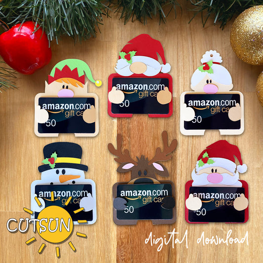 Digital download for a gift card holders featuring a Christmas elf, Gnome, Mrs Claus, a snowman, a reindeer and Santa - SVG bundle to be used with Cricut or Silhouette craft cutting machines.