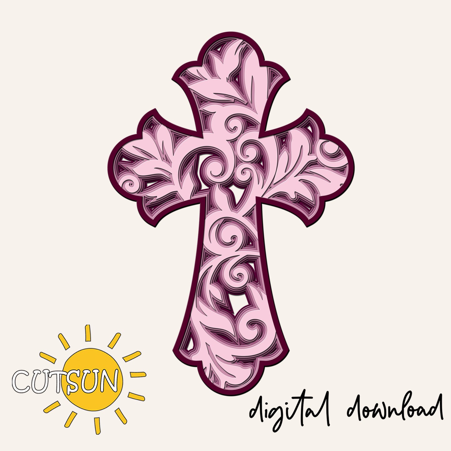 Decorative pink cross with intricate patterns on a light beige background, featuring the Cutsun logo.