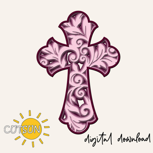 Decorative pink cross with intricate patterns on a light beige background, featuring the Cutsun logo.