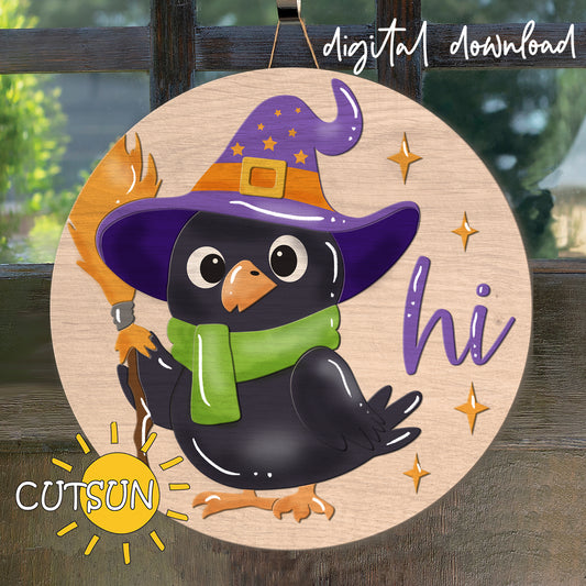 Halloween crow round sign SVG with witch hat, broom, and “hi” text – layered laser cut file for door hanger décor.