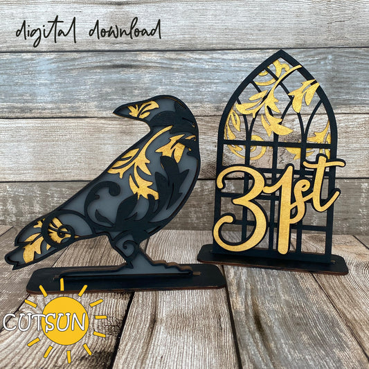 Crow and Window Halloween Decor SVG — a spooky gothic-style shelf sitter design perfect for crafting dramatic Halloween décor with your laser cutter.