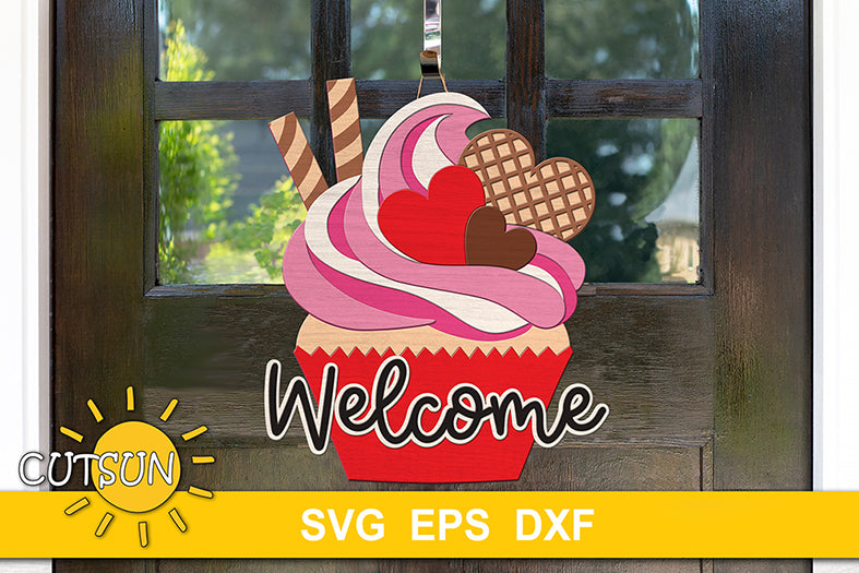 Cupcake door hanger for St Valentine's day SVG digital download for use with laser cutters