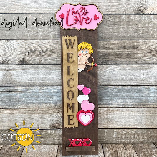 Valentine Cupid SVG Add-On for Interchangeable Porch Sign featuring Hello Love plaque, Cupid with bow, hearts, and XOXO – laser cut design.