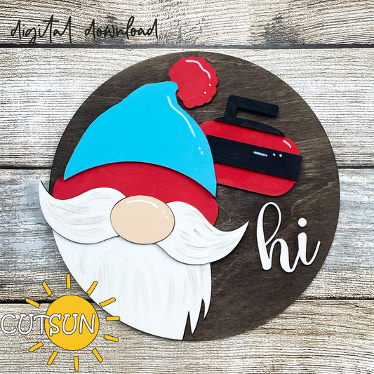 Digital download for an Interchangeable door hanger featuring a gnome with a pom pom hat and a curling stone.