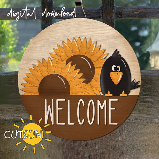 Adorable laser-cut door hanger featuring a cute crow peeking through a pumpkin, perfect for fall farmhouse porch decor