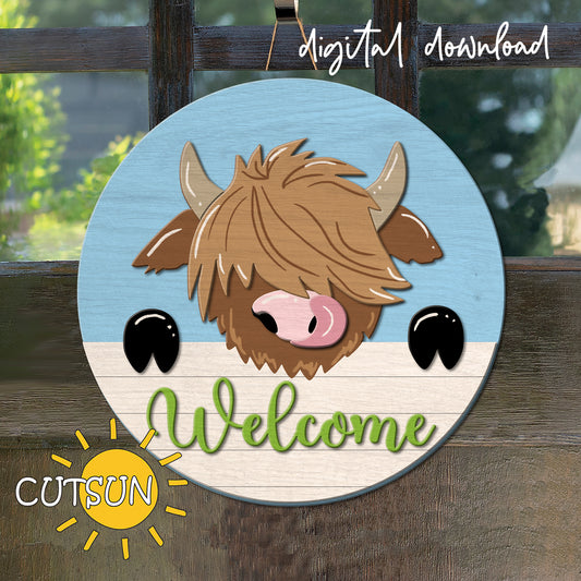 Round wooden sign with a cartoon cow face and 'Welcome' text, featuring the brand 'CUTSUN'.