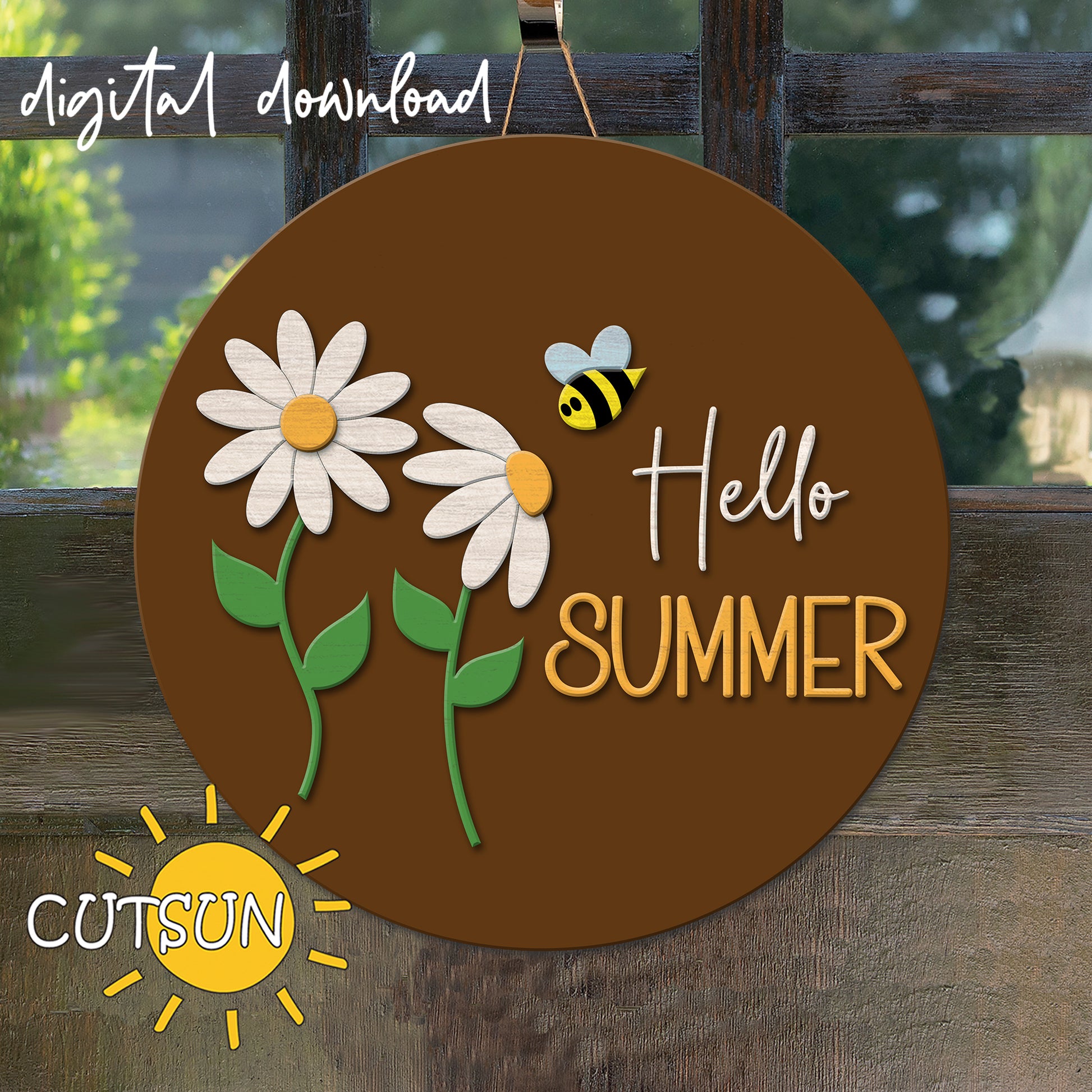 A digital download for a Hello Summer door hanger, featuring graphics of daisies, a bee, and the sun in a circular composition on a brown background.