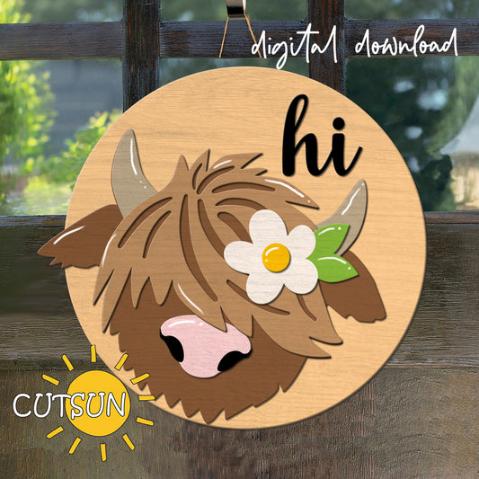 Highland Cow Door Hanger SVG | Cow Face Welcome Sign SVG | Farmhouse Door Hanger SVG | Rustic Front Door Sign Laser Cut File Glowforge SVG