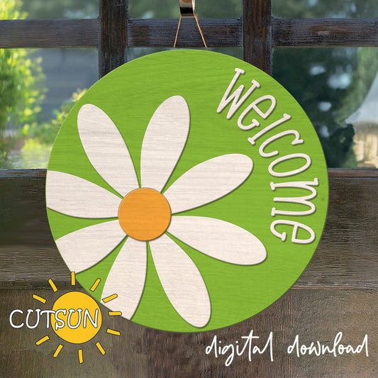 A digital image of a round 'Welcome' sign with a daisy design, indicating it is a SVG file for laser cutting.