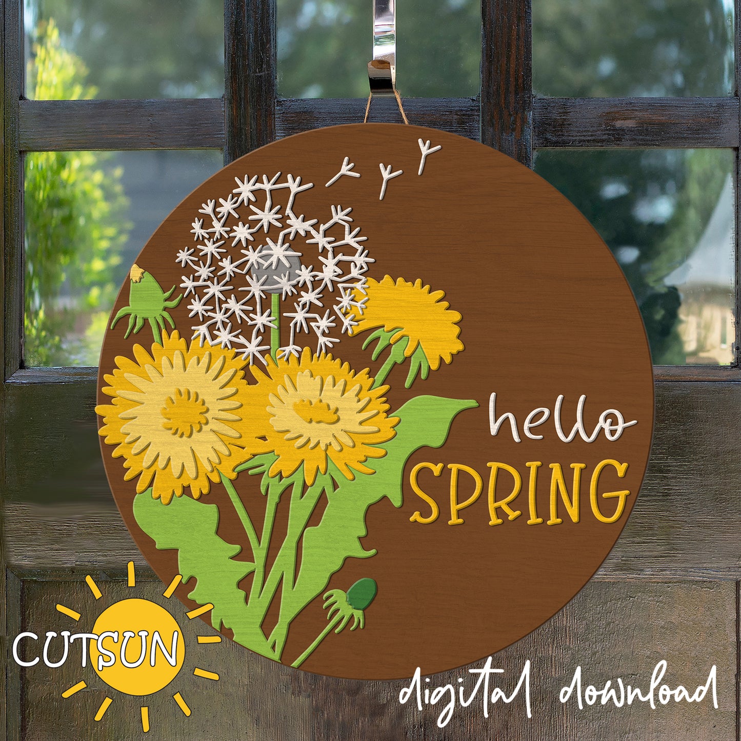 Decorative sign with dandelion flowers and 'hello SPRING' text on a wooden background