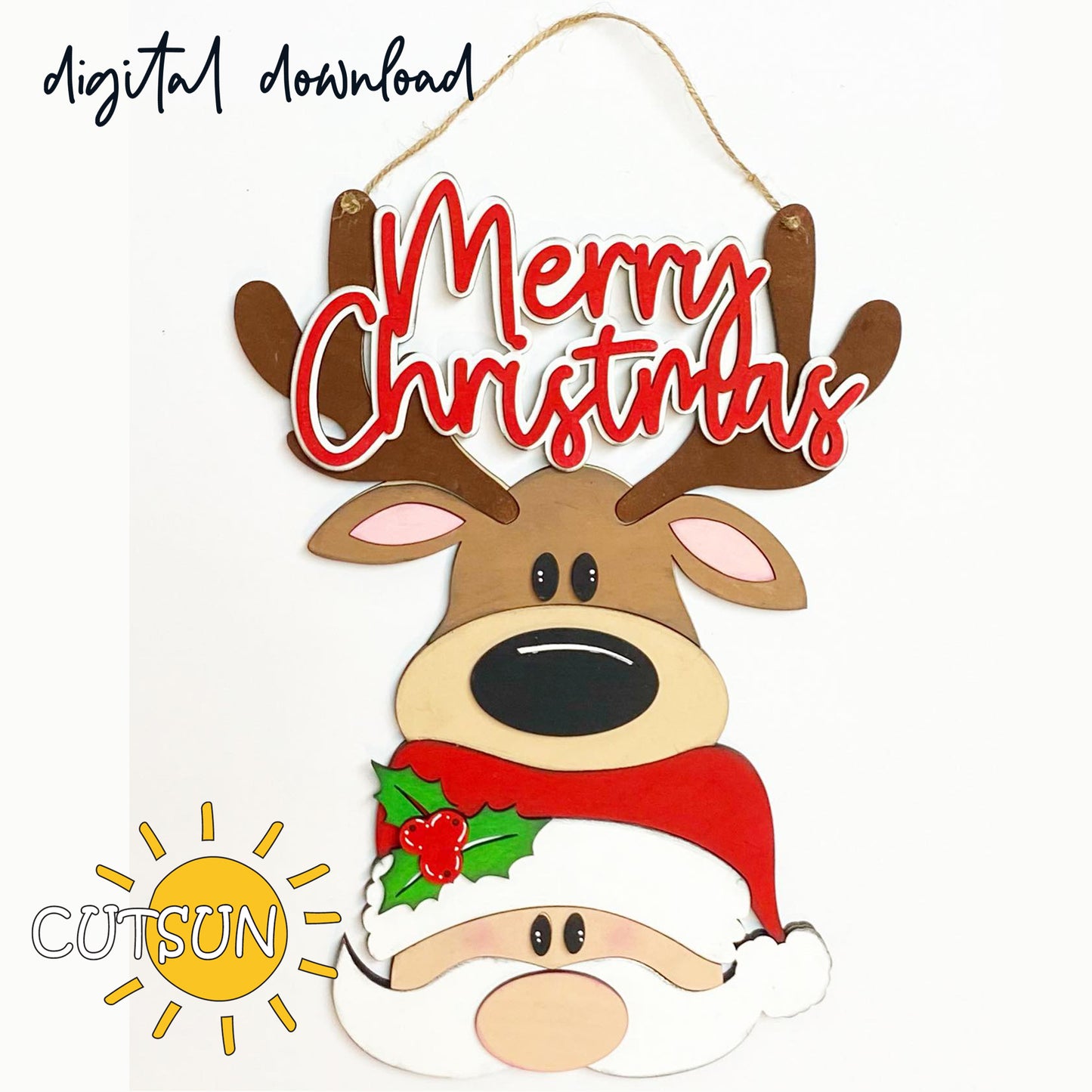 Digital download for a Christmas door hanger featuring a cute reindeer, Santa and the text Merry Christmas