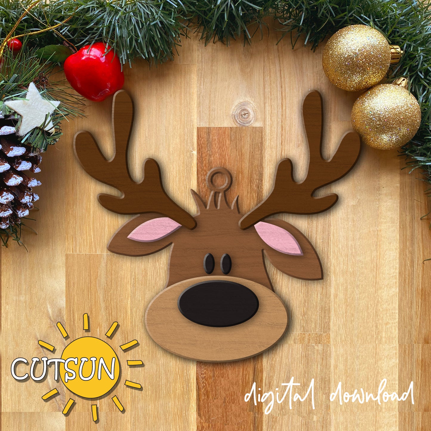 Reindeer Christmas Ornament SVG | Reindeer Face Christmas Ornament SVG | Holiday Decor SVG | Laser Cut File