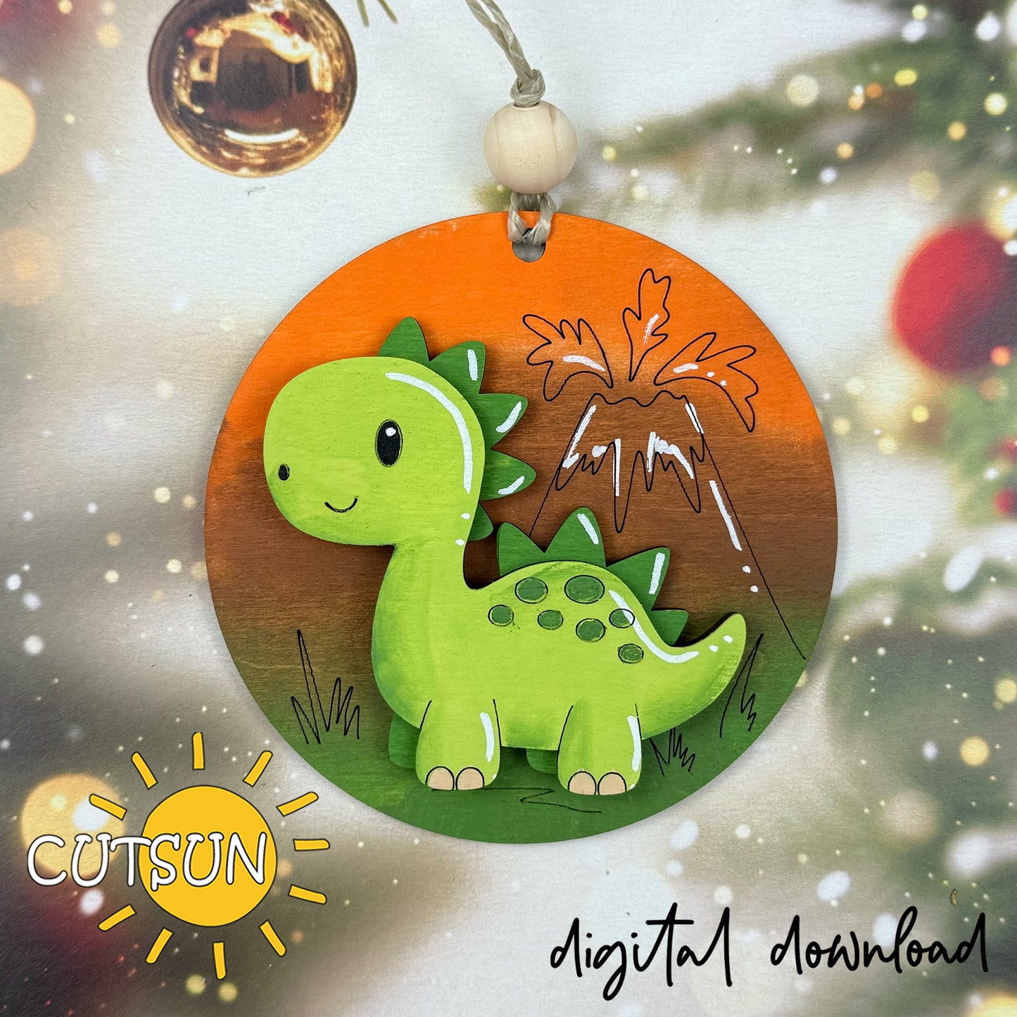 Layered Dinosaur Ornament SVG – Cute Dino with Volcano | Laser Cut File