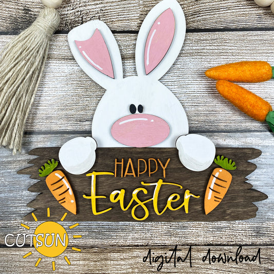 Decorative Easter sign with a bunny and carrots on a wooden background, featuring the brand 'CUTSUN'.