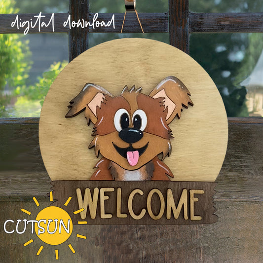 A digital illustration of a round door hanger sign with a wooden background and a cartoon dog's face in the center, with the text 'Welcome' below the dog. There is a 'Digital Download' label at the top, and the logo 'Cutsun' is visible on the sign.