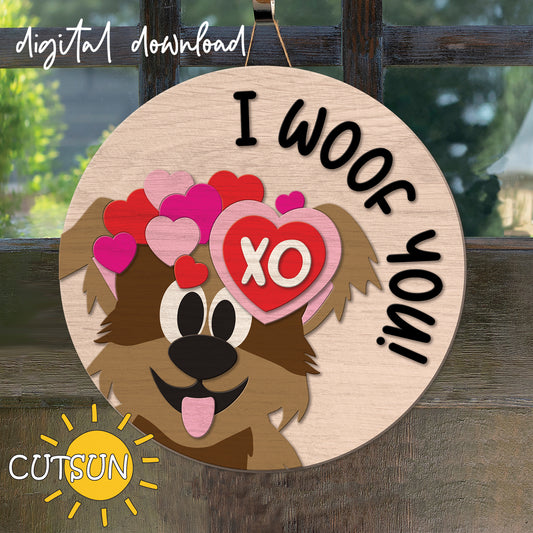 A digital image of a Valentine's Day themed door hanger featuring a cartoon dog with hearts and the text 'I WOOF YOU!'