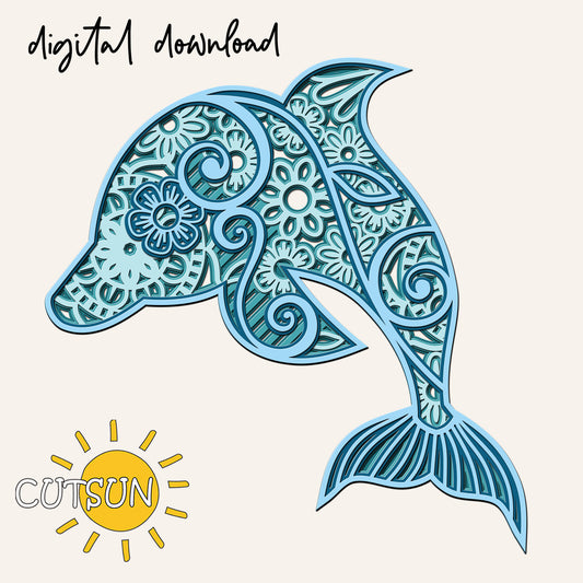 Decorative dolphin design with intricate patterns on a light beige background, featuring the Cutsun logo.