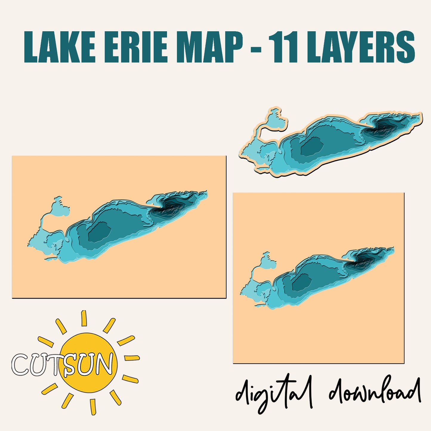 Lake Erie map with 11 layers digital download on a beige background