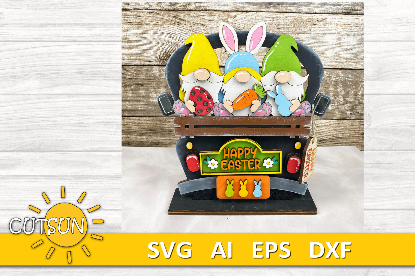 Three Easter gnomes holding Easter items: an Easter egg, a carrot and an Easter bunny on an Interchangeable standing truck - SVG file for laser cutting