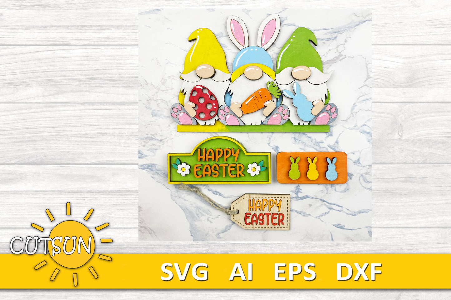 Three Easter gnomes holding Easter items: an Easter egg, a carrot and an Easter bunny on an Interchangeable standing truck - SVG file for laser cutting
