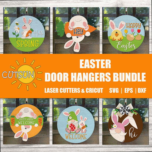 Easter Door Hangers SVG Bundle for laser cutters and Cricut — a versatile 2023 collection of Easter welcome sign designs perfect for creating festive and colorful holiday decor.