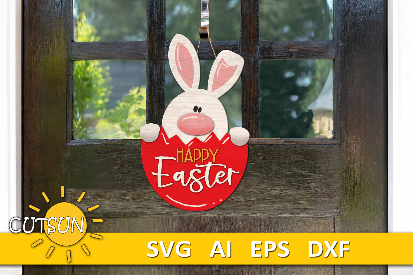 Easter Door Hanger SVG | Bunny Front Door Sign Laser Cut File | Easter Egg and Bunny SVG for Spring Welcome Decor