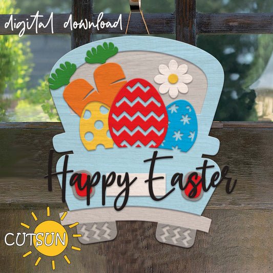 Decorative sign with Easter eggs and flowers on a wooden background, featuring the brand 'CUTSUN'.