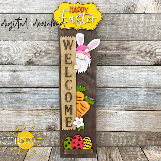 Easter gnome porch sign SVG with bunny ears, carrots, eggs, and holiday plaque – laser cut file with interchangeable vertical leaner.