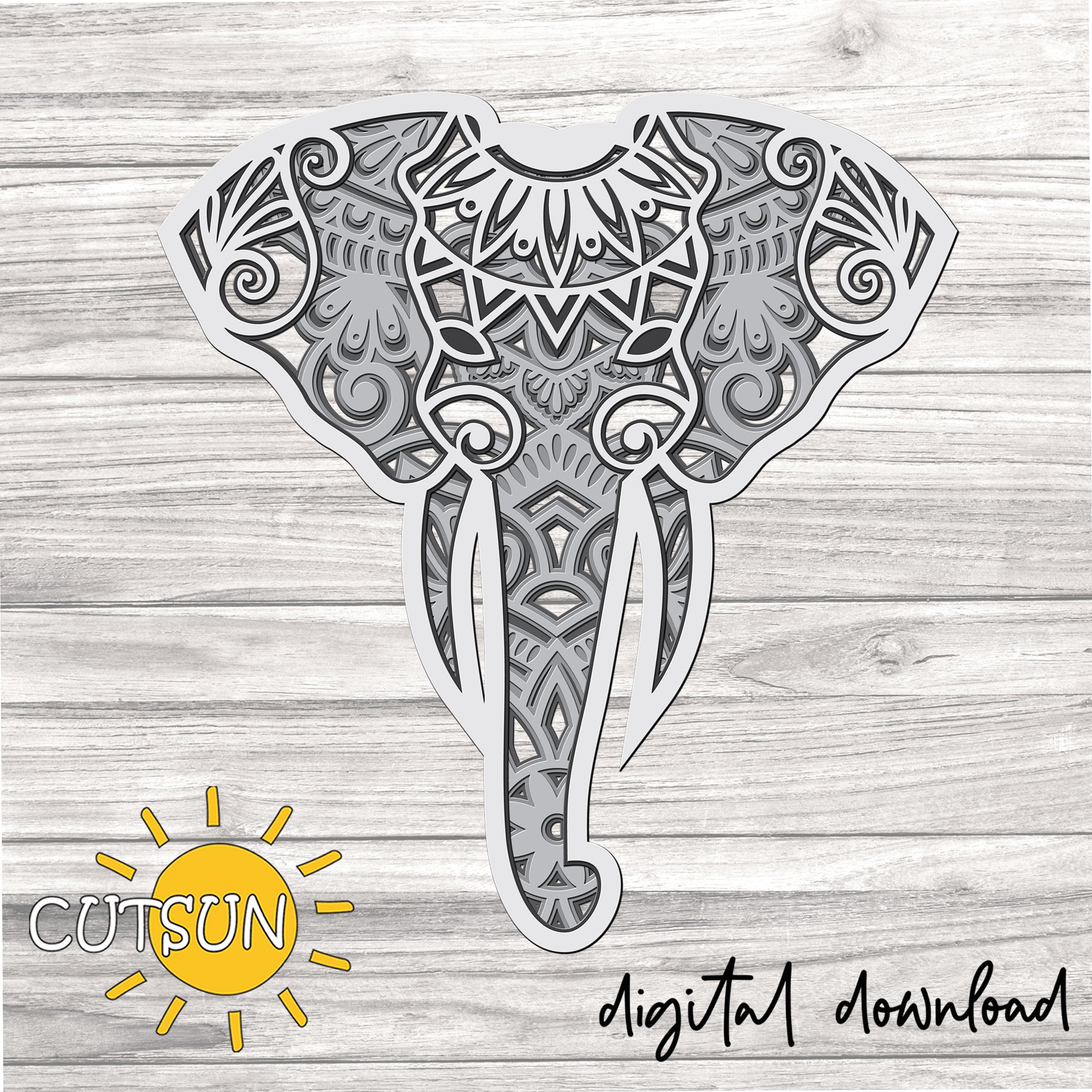 Digital download for a decorative design featuring an elephant's head with mandala and floral elements.