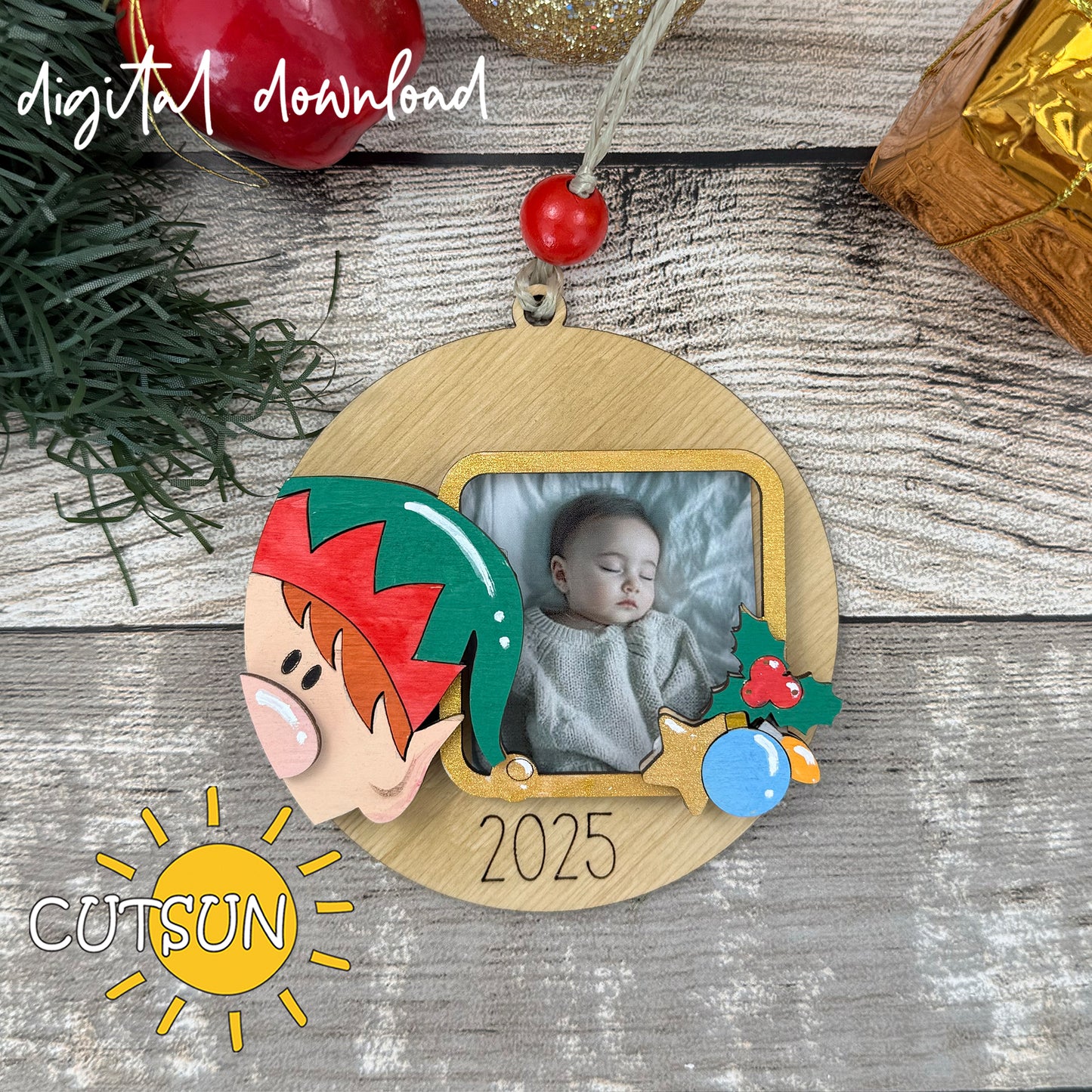 Laser cut Elf photo frame Christmas ornament with engraved year and festive elements. Fits 5.3 x 5.3 cm photo. Digital SVG download.