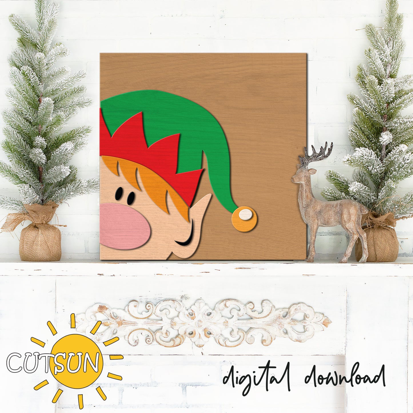 Elf Hi-Series SVG showing a peekaboo Christmas elf in red and green hat on a square sign; layered laser cut file for holiday décor.