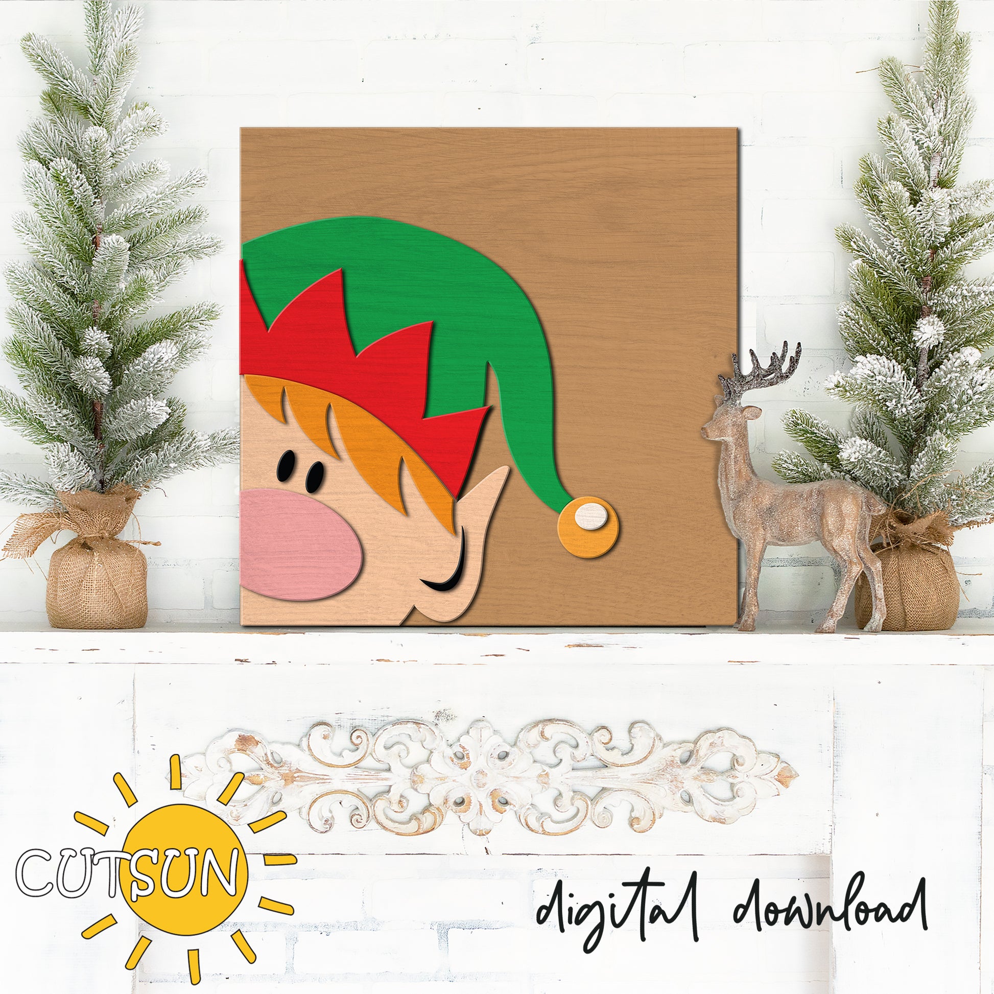 Elf Hi-Series SVG showing a peekaboo Christmas elf in red and green hat on a square sign; layered laser cut file for holiday décor.