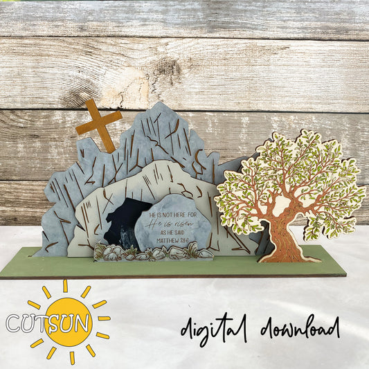 Easter SVG for laser cutters — an Empty Tomb “He Is Risen” shelf sitter design perfect for creating meaningful Resurrection and Christian-themed Easter decor.