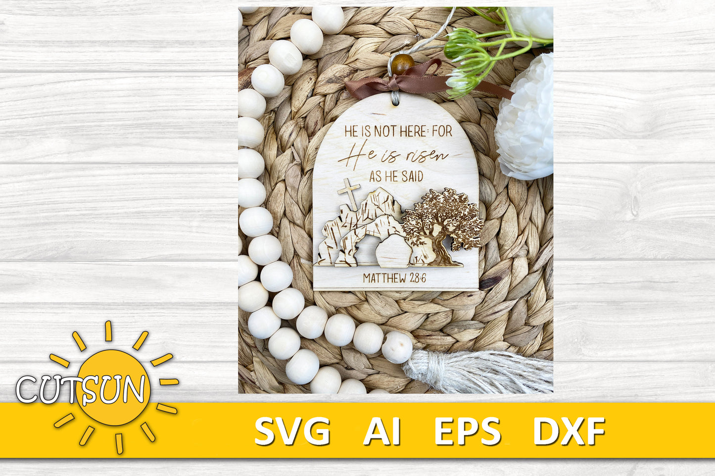 Easter Resurrection Ornament SVG | Empty Tomb and Cross Scene | Christian Religious Laser Cut File