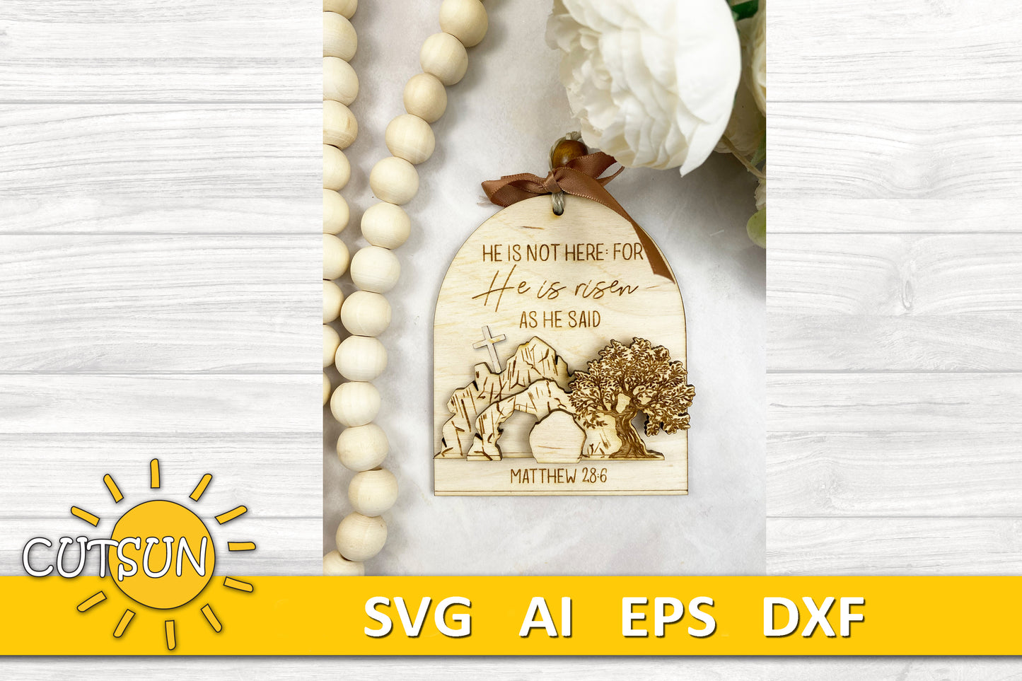 Easter Resurrection Ornament SVG | Empty Tomb and Cross Scene | Christian Religious Laser Cut File