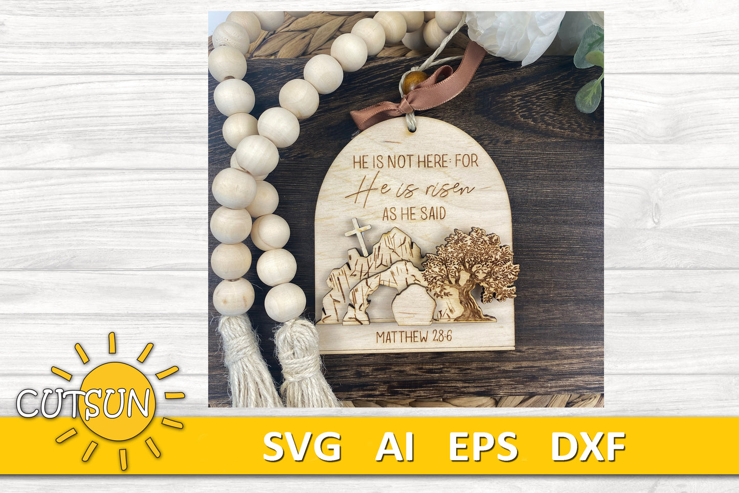 Easter Resurrection Ornament SVG | Empty Tomb and Cross Scene | Christian Religious Laser Cut File