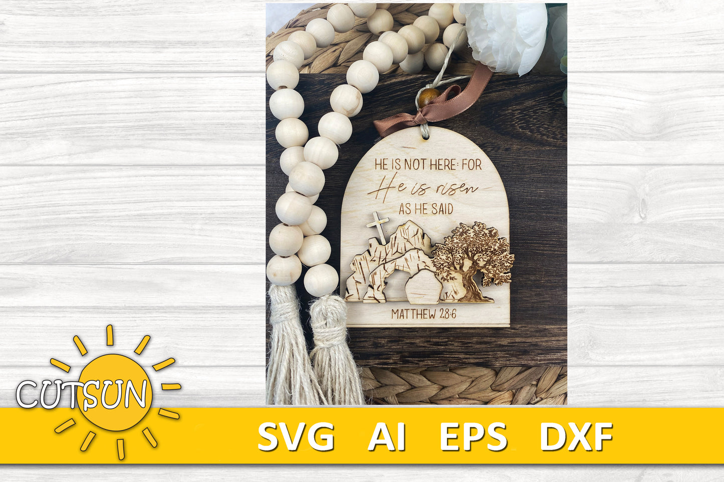 Easter Resurrection Ornament SVG | Empty Tomb and Cross Scene | Christian Religious Laser Cut File