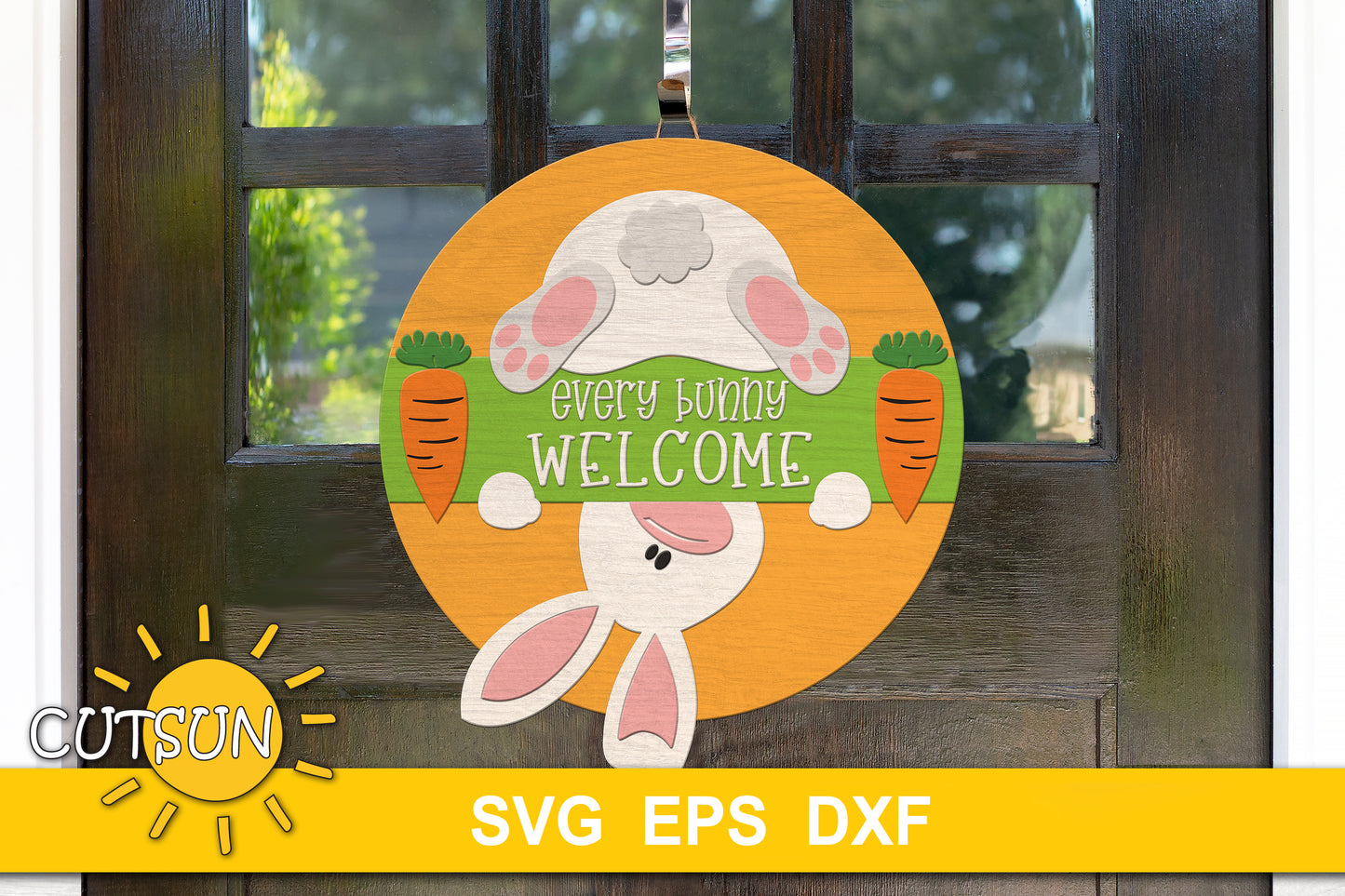 Upside down bunny on a round sign with two carrots and the words every bunny welcome svg digital download