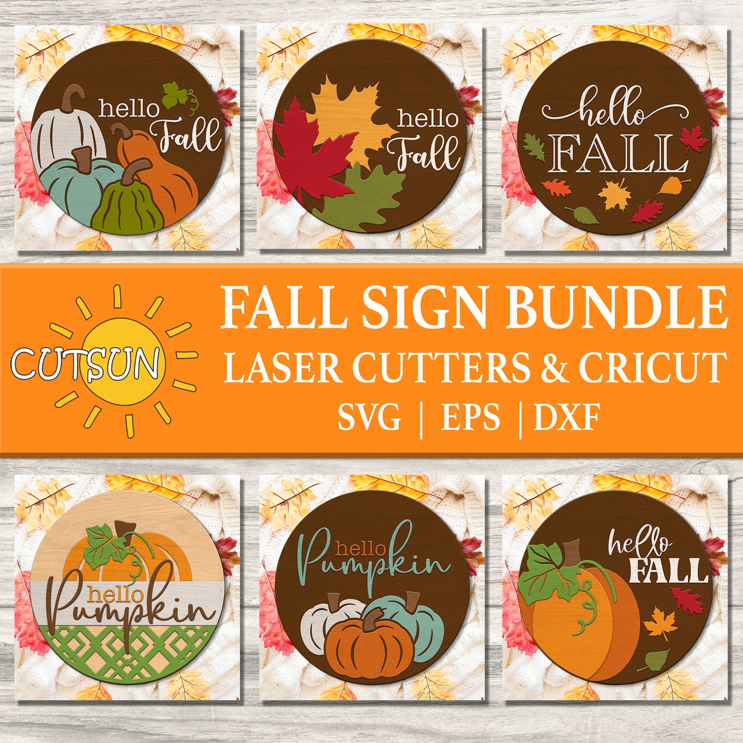 A collection of fall-themed door hangers with various designs including pumpkins, leaves, and text phrases like 'Hello Fall' and 'Hello Pumpkin'. The image shows multiple designs with a sun and leaves background, indicating a fall season theme.