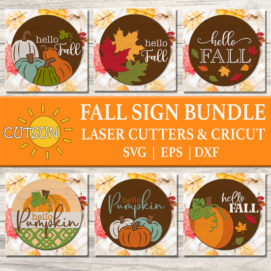 A collection of fall-themed door hangers with various designs including pumpkins, leaves, and text phrases like 'Hello Fall' and 'Hello Pumpkin'. The image shows multiple designs with a sun and leaves background, indicating a fall season theme.