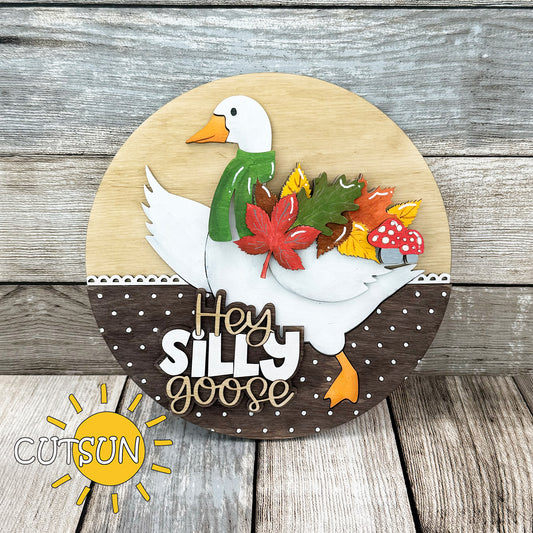 Fall-themed add-on for goose door hanger sign featuring colorful autumn leaves, mushrooms, and a green scarf – laser cut design