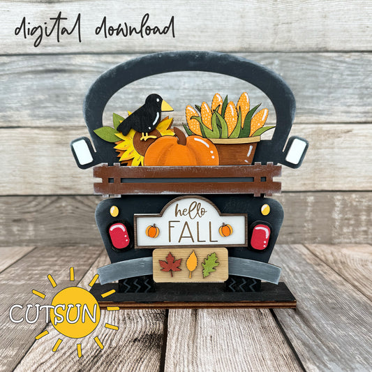 Laser-cut fall truck add-on SVG with pumpkins, sunflower, corn, crow, and “hello fall” plaque – fits shelf sitter truck and wheelbarrow