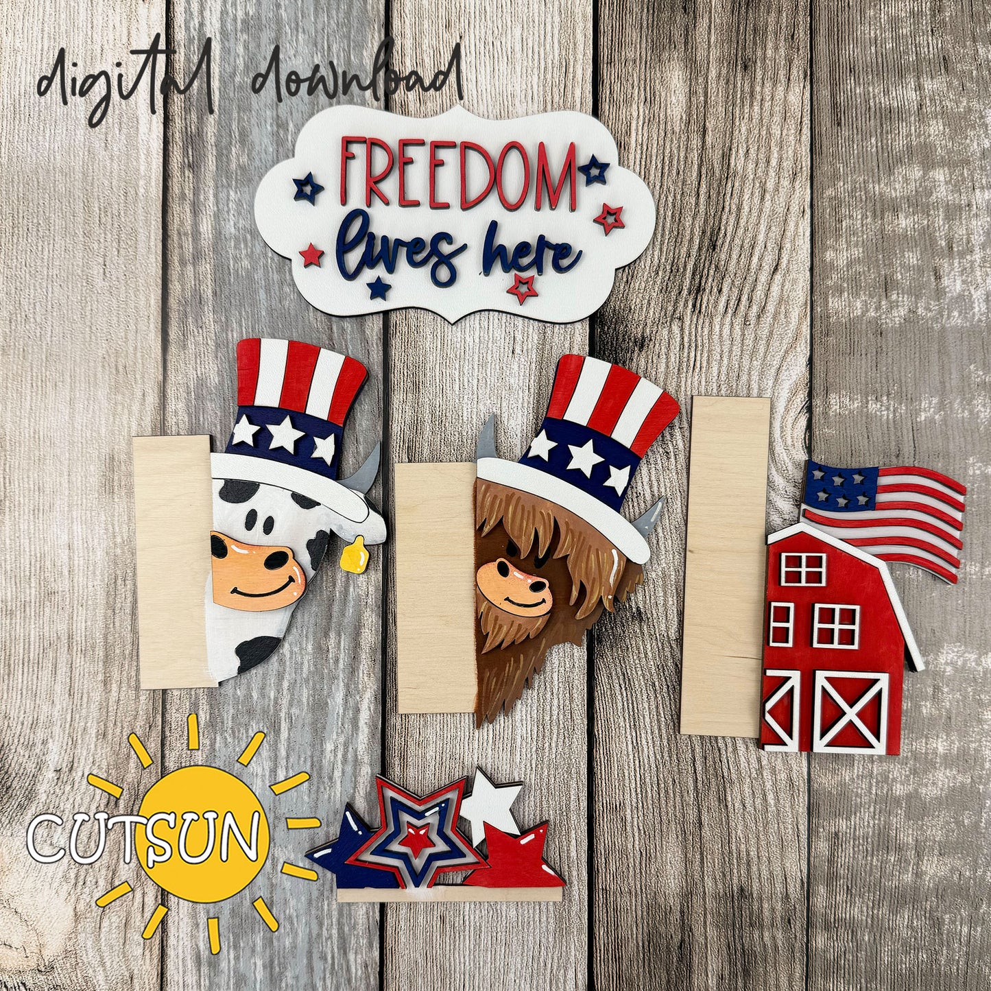 4th of July Cow Add-On SVG for Vertical Porch Leaner – Highland & Dairy Cow Laser Cut File